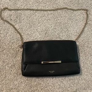 Kate spade black leather clutch with removable light gold chain strap